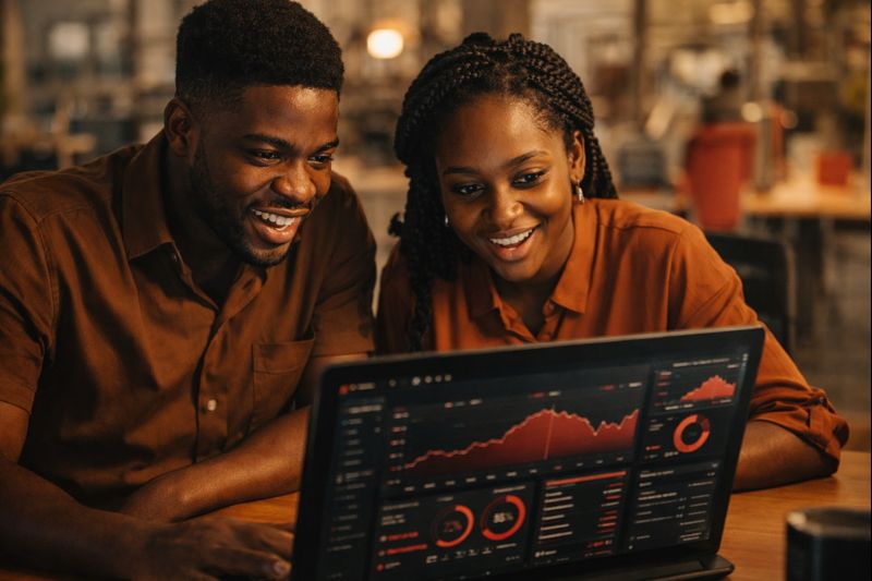 Two builders reviewing performance dashboards together